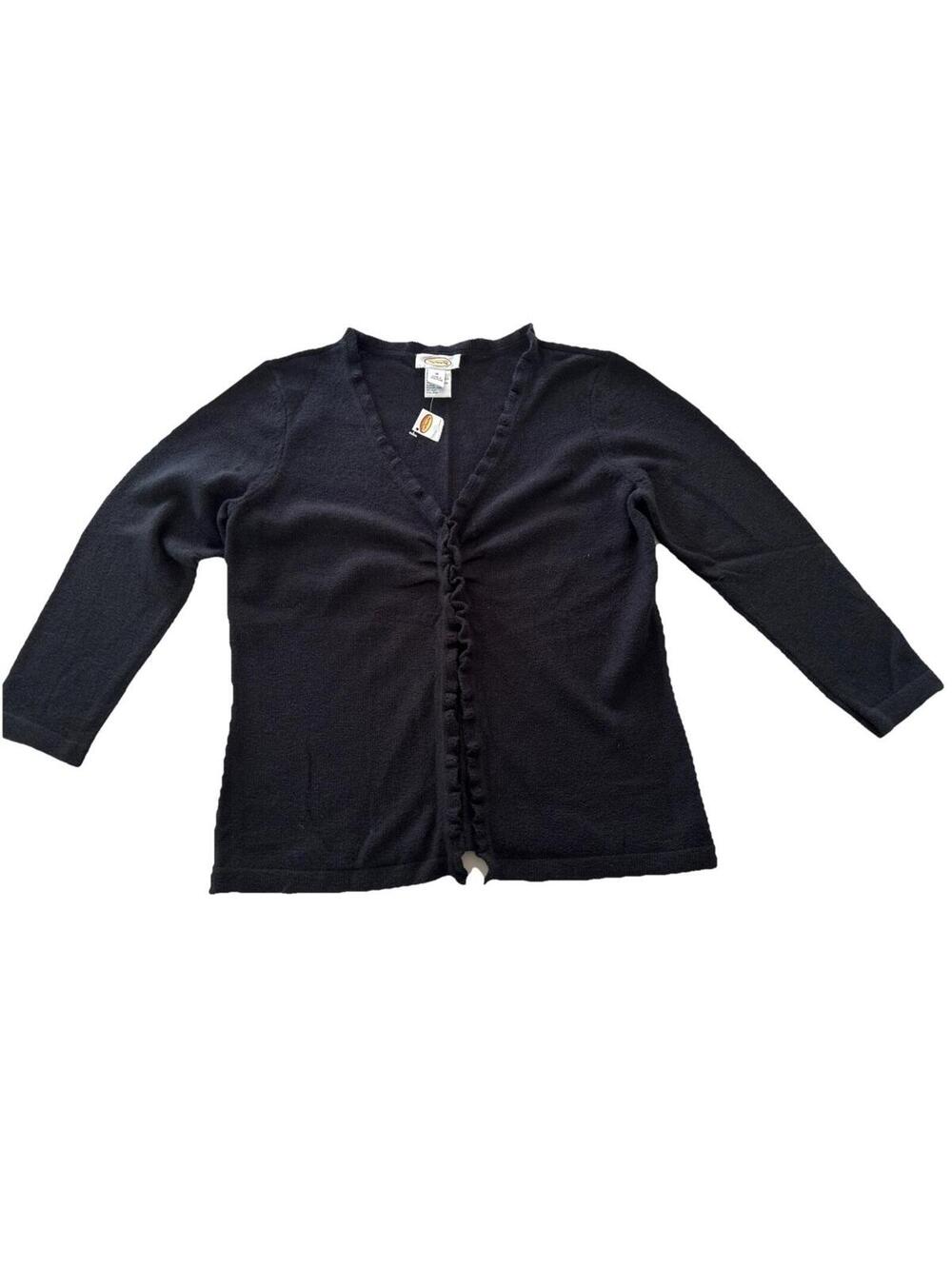 Talbots Cardigan Womens Medium Black Ruffle  3/4 Sleeve Lightweight Hong Kong